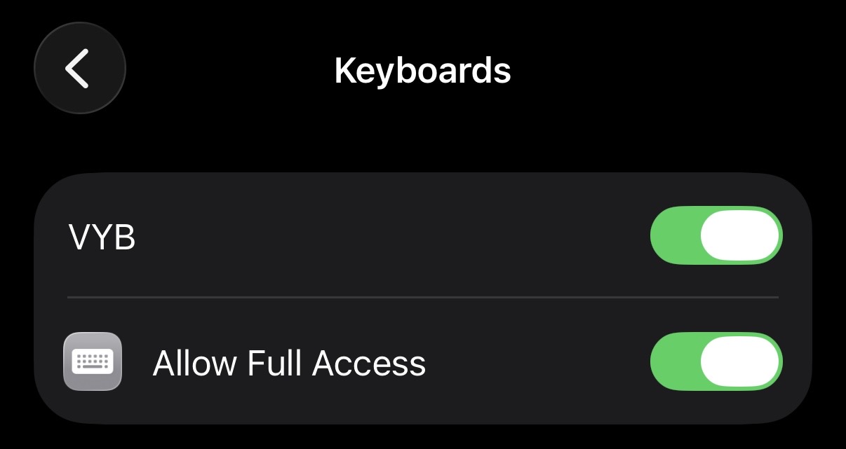 VYB keyboard switched on with Allow Full Access