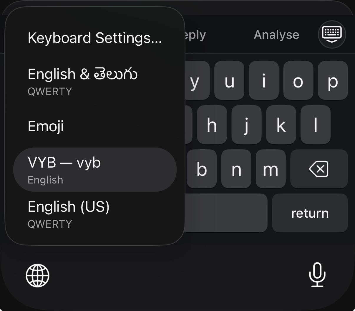 Holding the globe key to pick the VYB keyboard